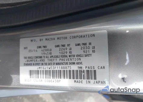 2015 Mazda Mazda6 I Grand Touring z USA, uszkodzony, nr VIN JM1GJ1W53F1188875